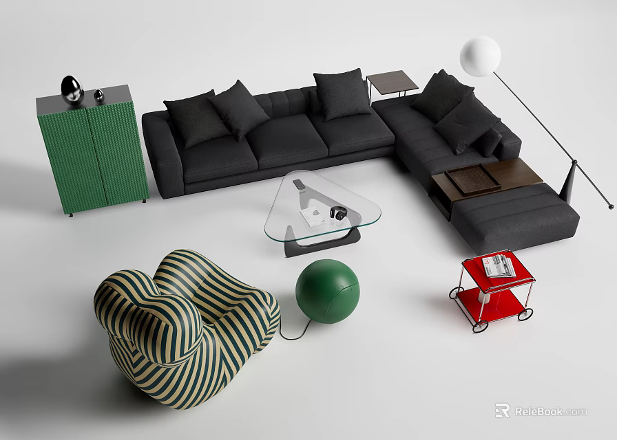Modern Black L shaped Sofa And Glass Coffee Table With Cushions Green Cabinet And Decorative Elements 3d model 