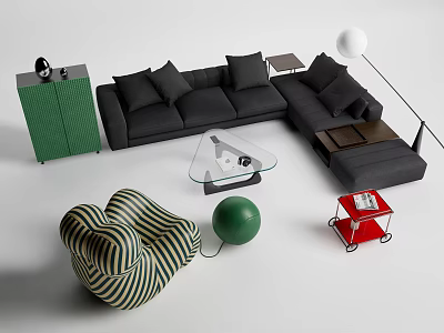 Modern Black L shaped Sofa And Glass Coffee Table With Cushions Green Cabinet And Decorative Elements 3d model