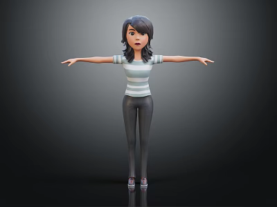 Cartoon Style Woman With Black Hair Striped Top Dark Pants Arms Outstretched On Dark Background 3d model