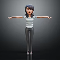 Cartoon Style Woman With Black Hair Striped Top Dark Pants Arms Outstretched On Dark Background