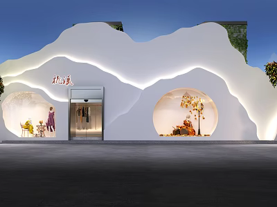 Modern Clothing Store Exterior With White Wavy Architecture Circular Window Displays And Mannequins 3d model