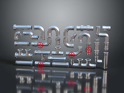 Industrial Silver Metal Pipe Fittings With Various Shapes Elbows Tees And Red Valves 3d model
