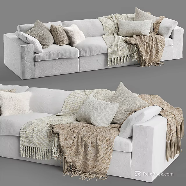 Three Seater Sofa With Soft Textured Fabric Cozy Blankets And Decorative Pillows 3d model 