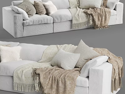 Three Seater Sofa With Soft Textured Fabric Cozy Blankets And Decorative Pillows 3d model