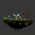 Fairy Standing On Floating Island With Colorful Flowers Green Grass Butterflies And Dead Tree