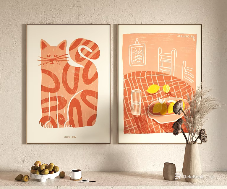 Wall Art And Table Decor With Cat Illustration And Kitchen Elements 3d model 