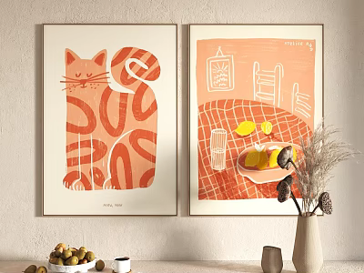 Wall Art And Table Decor With Cat Illustration And Kitchen Elements 3d model