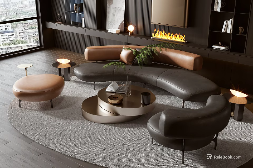 Elegant Modern Curved Brown Black Sofa With Round Metal Coffee Table And Gray Rug 3d model 