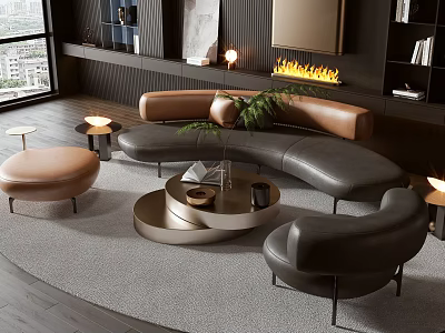 Elegant Modern Curved Brown Black Sofa With Round Metal Coffee Table And Gray Rug 3d model