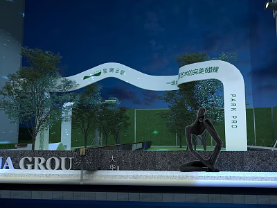 Beautiful Time Tourist City Night View With Archway Sculpture And Trees 3d model