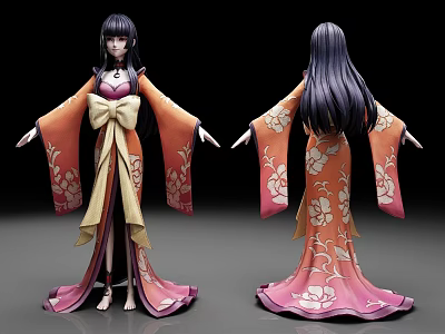 Anime Figurine In Orange Pink Kimono With Floral Patterns Long Purple Hair Front Back View 3d model