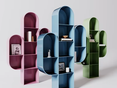Colorful Cactus Shaped Bookcases With Pink Blue Green Designs And Decorative Shelves 3d model