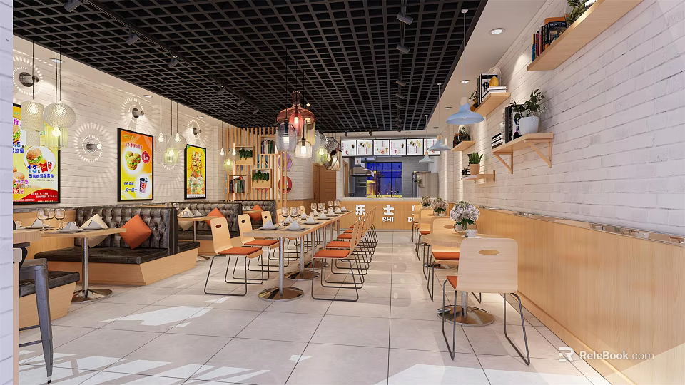 Modern Restaurant Interior With Wooden Tables Chairs White Brick Walls Pendant Lights And Decorative Paintings 3d model 