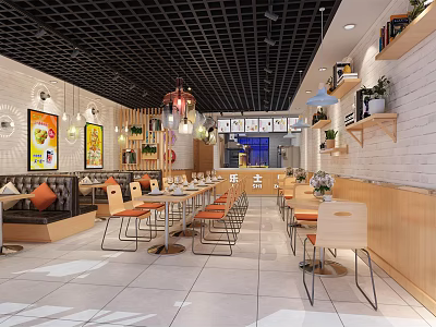 Modern Restaurant Interior With Wooden Tables Chairs White Brick Walls Pendant Lights And Decorative Paintings 3d model