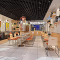Modern Restaurant Interior With Wooden Tables Chairs White Brick Walls Pendant Lights And Decorative Paintings