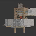 Stacked Gray Stone Block Scene With Wooden Frame And Red Decorations