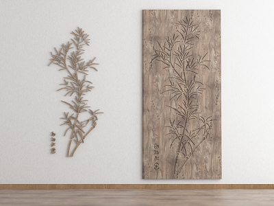 Chinese Wood Carving Wood Board Bamboo Silhouette Bamboo Culture Bamboo Element Retro Carbography Wall Decoration Tea Room Chinese Element Decorative Painting Seal Carving 3d model