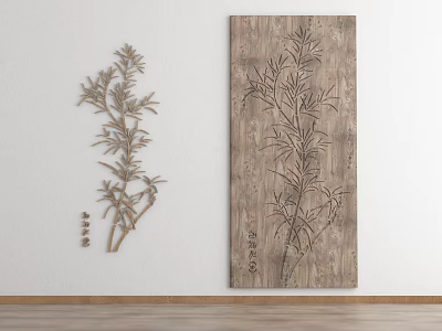 Metal Tree Branch Silhouette On White Wall With Wooden Board Bamboo Carving And Wooden Floor 3d model