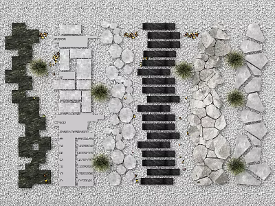 Modern Garden Stepping Stones Design With Various Stone Shapes And Small Plants 3d model