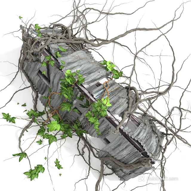 Vines With Green Leaves Twining Around Rustic Weathered Metal Structure 3d model 