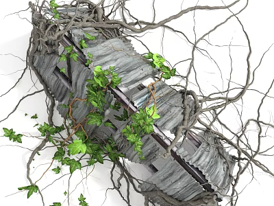 Vines With Green Leaves Twining Around Rustic Weathered Metal Structure 3d model