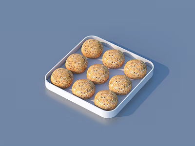 Round Sesame Topped Buns In White Square Tray On Light Blue Background 3d model