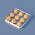 Round Sesame Topped Buns In White Square Tray On Light Blue Background