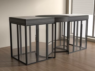 Modern Black Metal Frame Transparent Glass Display Cabinet On Wooden Floor By Window Blinds 3d model