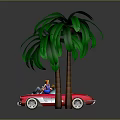 Cartoon Scene Featuring Red Convertible Car With Characters Beside Green Palm Tree