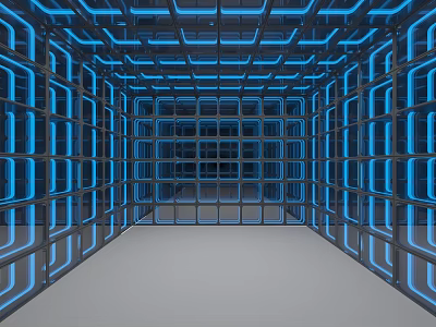 Hotel Corridor Interior With Blue Illuminated Grid Design And Modern Lighting 3d model