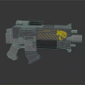 Futuristic Mechanical Silver Weapon With Yellow Emblem And Tactical Structure Details