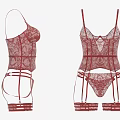 Red Lace Bodysuit with Strappy Suspender Straps and Cutout Fitted Design Details