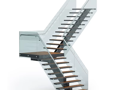 Modern Floating Staircase With Glass Railings And Wooden Treads 3d model