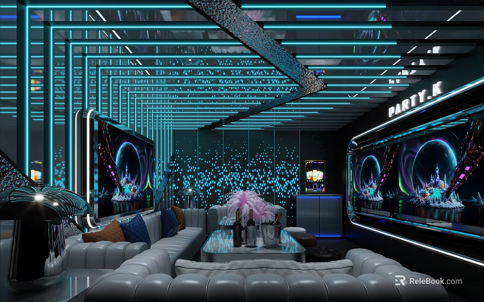 Modern KTV Interior With Vibrant Blue Neon Lights Large Screens And Comfortable Sofa Seating 3d model 