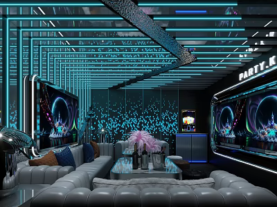 Modern KTV Interior With Vibrant Blue Neon Lights Large Screens And Comfortable Sofa Seating 3d model