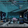 Modern KTV Interior With Vibrant Blue Neon Lights Large Screens And Comfortable Sofa Seating
