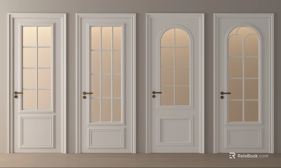 White Swing Doors Featuring Glass Panels And Various Arch Designs 3d model 
