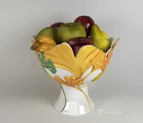 Decorative Ceramic Bowl With Leaf Shaped Design Yellow White Green Holding Apples And Pears 3d model 