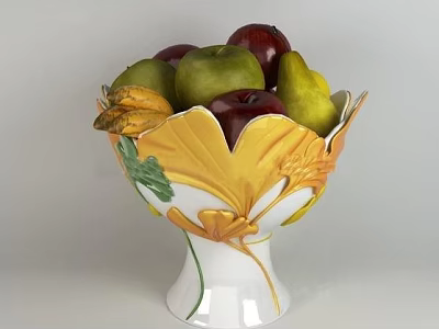 Decorative Ceramic Bowl With Leaf Shaped Design Yellow White Green Holding Apples And Pears 3d model