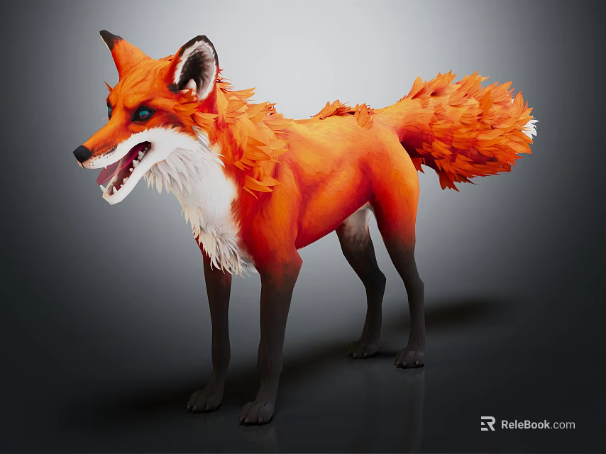 Orange Fox With Fluffy Tail White Belly And Open Mouth On Gray Background 3d model 
