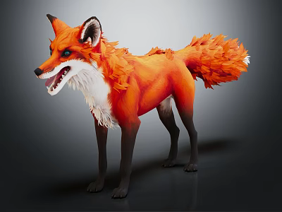 Orange Fox With Fluffy Tail White Belly And Open Mouth On Gray Background 3d model