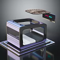 Contemporary Transparent Panel Cabinet With Layered Metal Frame Reflective Base And Floating Top