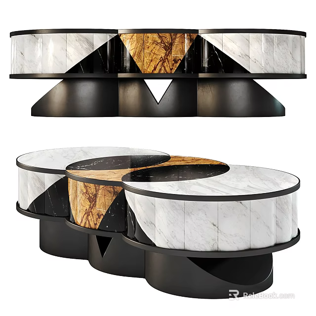 Modern Coffee Table With White And Wooden Marble Top And Black Metal Frame 3d model 