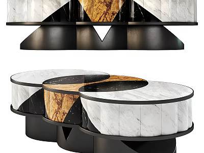 Modern Coffee Table With White And Wooden Marble Top And Black Metal Frame 3d model