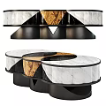 Modern Coffee Table With White And Wooden Marble Top And Black Metal Frame