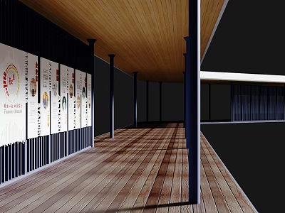 Open Pergola Featuring Wooden Roof Black Columns Wooden Flooring Wall Posters And Natural Light 3d model