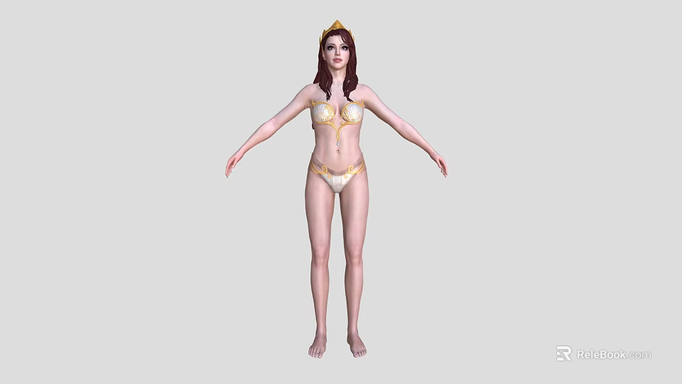 Woman Wearing Golden Bikini And Crown Standing With Arms Outstretched On Gray Background 3d model 