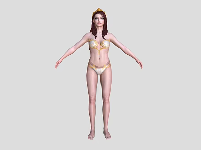 Woman Wearing Golden Bikini And Crown Standing With Arms Outstretched On Gray Background 3d model