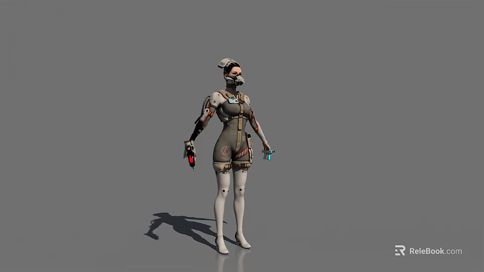 Game and Movie Character with Mechanical Arm Gas Mask Short Hair in Futuristic Cyberpunk Outfit 3d model 