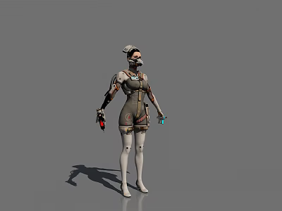 Game and Movie Character with Mechanical Arm Gas Mask Short Hair in Futuristic Cyberpunk Outfit 3d model